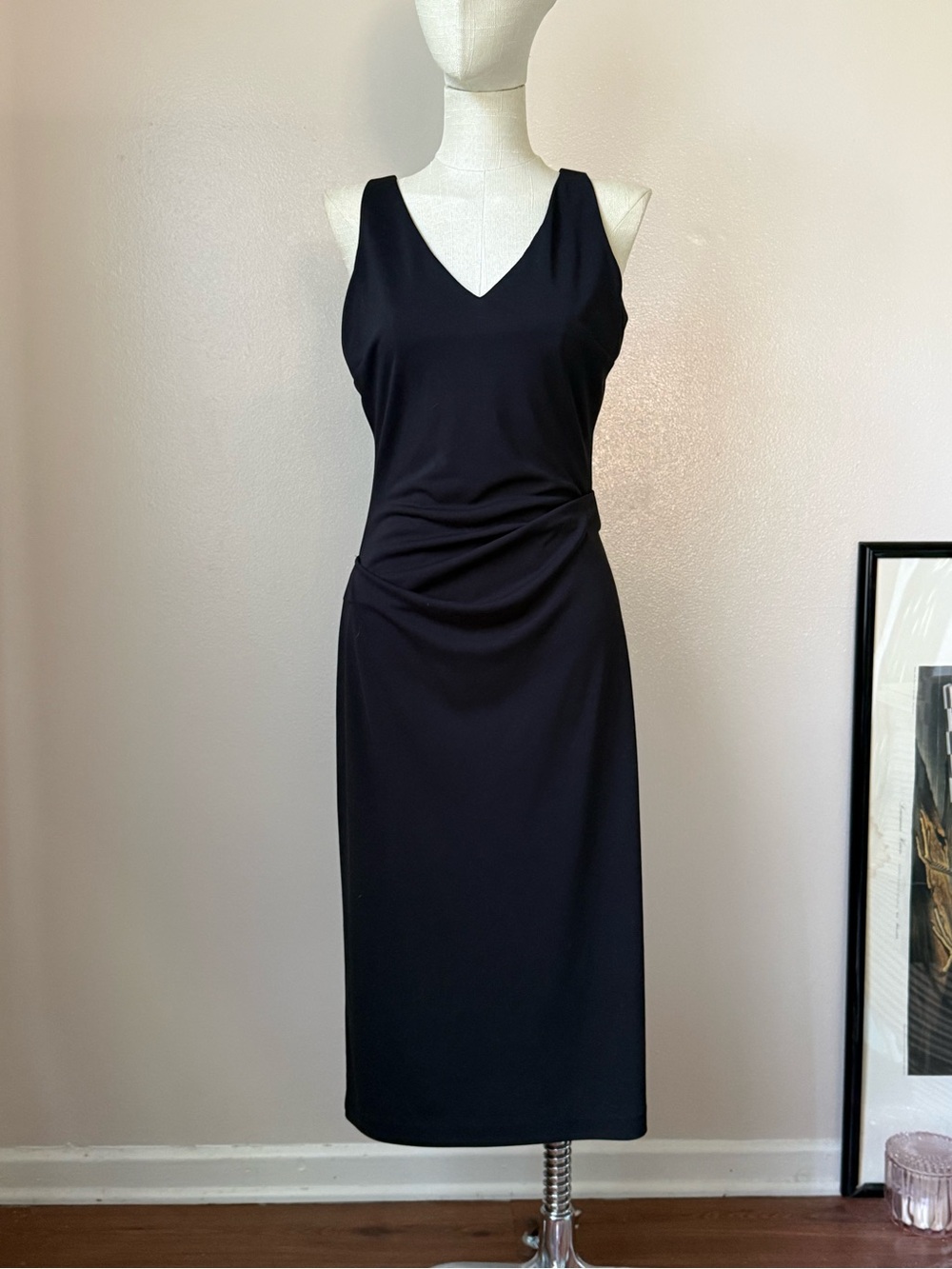 Vtg Nicole Miller Union Made Black V Neck Ruched Waist Midi Sheath Dress Size 6
